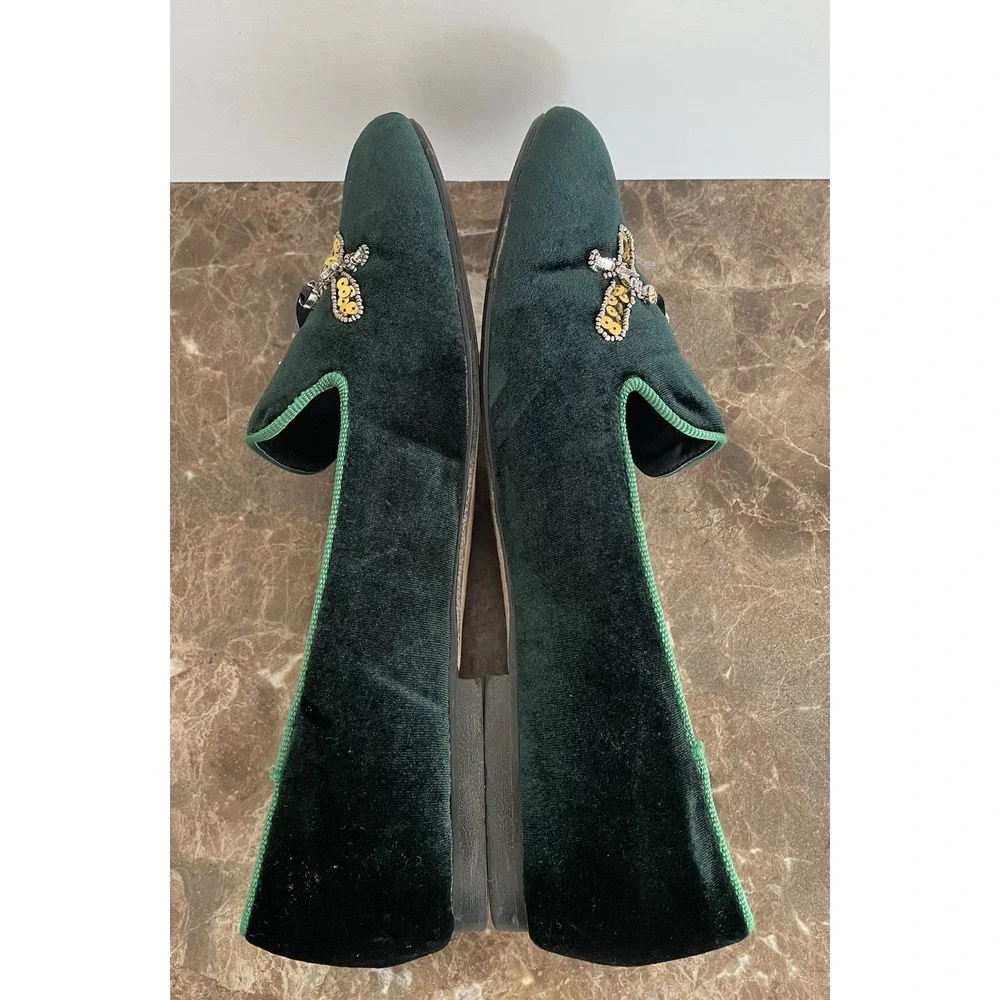 Vintage Havana Green Velvet‎ Flats Beaded Bees Dragonflies Holiday Old Money 8.5